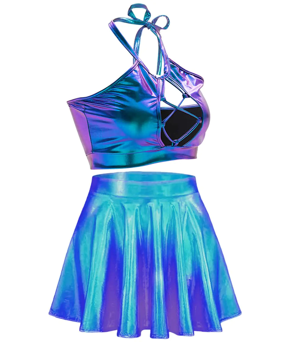 SFBBCLOZ Womens Rave Outfit Sets For Women Festivals 2 Pcs Metallic Tops long Skirt EDM Party Club Holographic Rave Outfits Blue XL