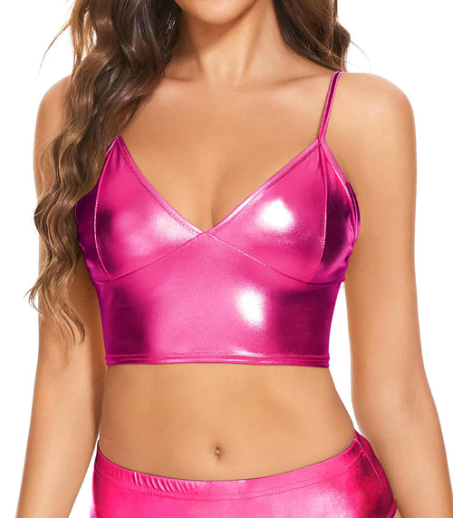 Vinaderhom Womens Metallic Crop Top Shiny Bralette Rave Bra for Dance Festivals Costumes Hot Pink S