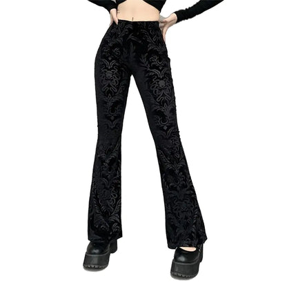 XCJIKUKE Womens Gothic Velvet Bell Bottoms Pants Goth High Waisted Flare Leggings Rave Outfits