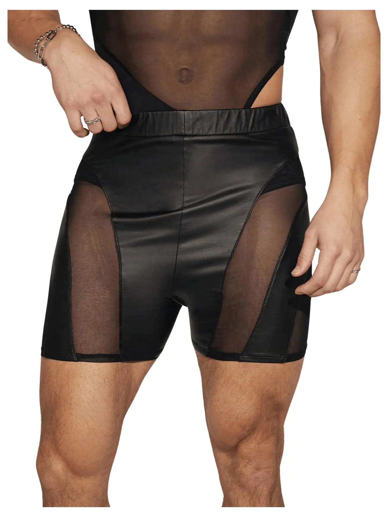 OYOANGLE Mens Pu Leather Elastic Waist Shorts Sheer Mesh Slim Fit Party Rave Shorts Black Medium
