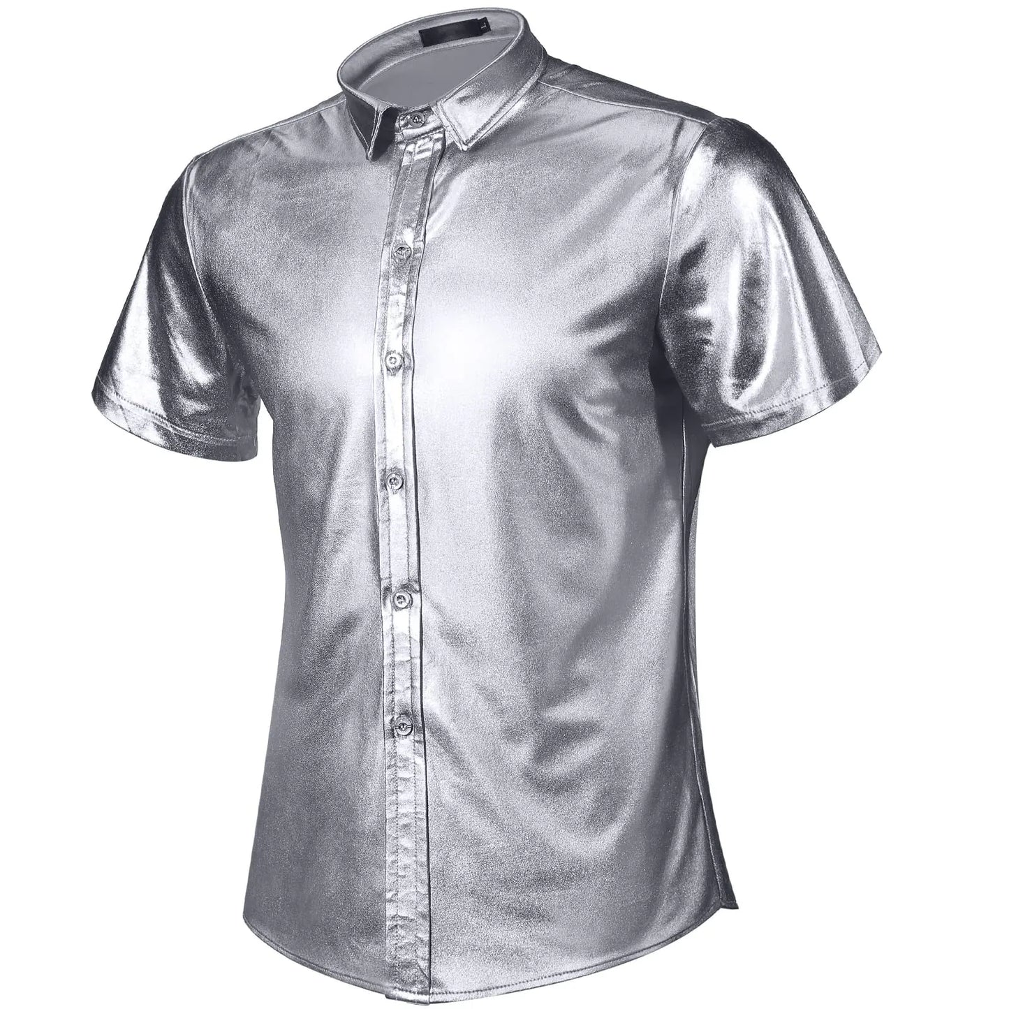 Mens Rave Shirts Button Metallic Disco Shirt 70s Costume Men Rave Shirts for 70s Party Nightclub Mardi Gras Music Festival (Silver XL)