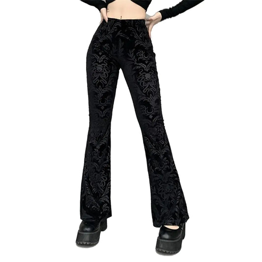 XCJIKUKE Womens Gothic Velvet Bell Bottoms Pants Goth High Waisted Flare Leggings Rave Outfits
