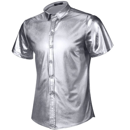 Mens Rave Shirts Button Metallic Disco Shirt 70s Costume Men Rave Shirts for 70s Party Nightclub Mardi Gras Music Festival (Silver XL)