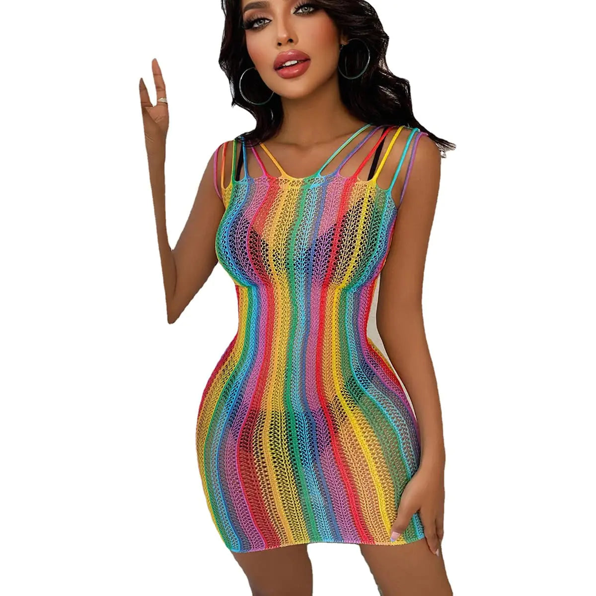 ABAFIP Women Rainbow Fishnet Rave Outfits Striped Bodysuit Teddy Babydoll Mini Dress Festival Rave Dance Bikini Beach Coverups Colorful Rainbow-15 One Size