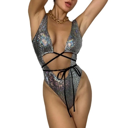 JUMISEE Women Rave Holographic Snakeskin Wrap Swimsuit Sexy Strappy Backless Bathing Suit Festival Outfit
