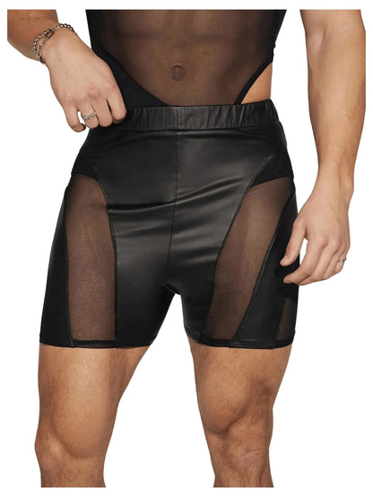OYOANGLE Mens Pu Leather Elastic Waist Shorts Sheer Mesh Slim Fit Party Rave Shorts Black Medium