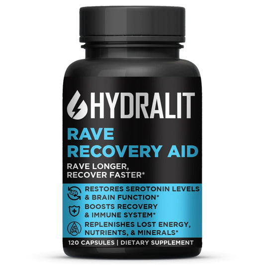 Hydralit Rave Recovery Aid Vitamins After Party Relief Pills Music Festival Accessories Rave Essentials 5-HTP Supplement Electrolytes Hydration Better Mornings Serotonin Energy Hangover 120 Capsules