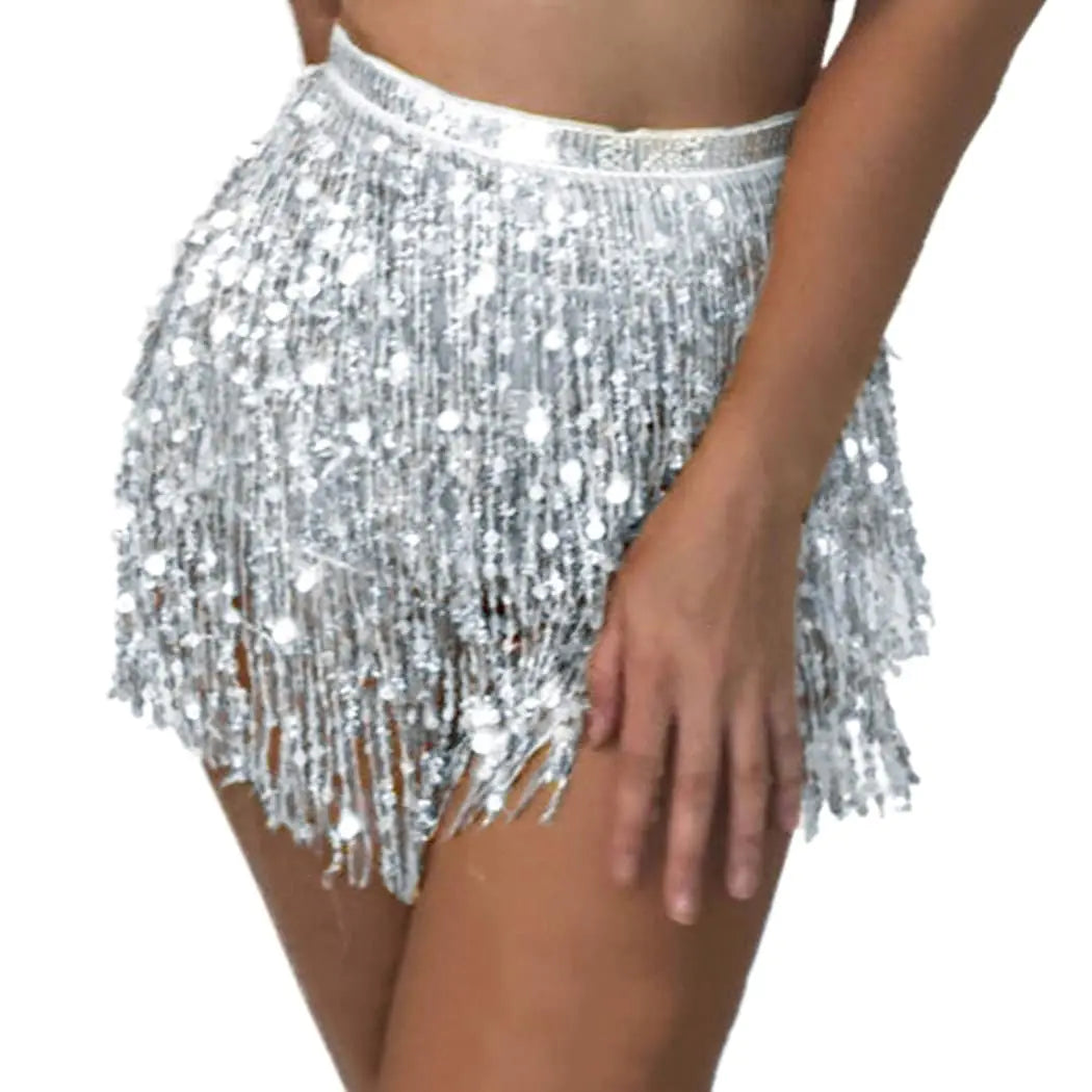 Kakaco Belly Dance Skirt Sparkly Sequin Wrap Skirts Rave Fringe Hip Skirt for Women